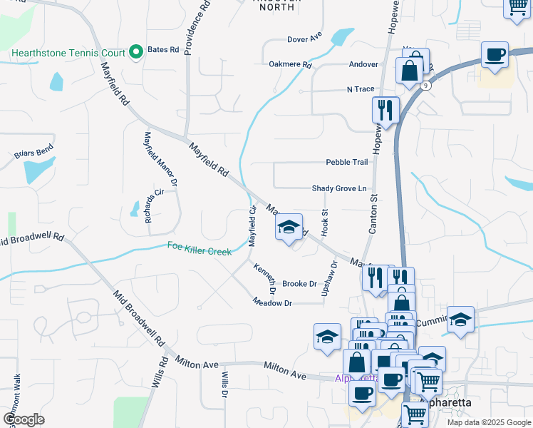 map of restaurants, bars, coffee shops, grocery stores, and more near 260 Mayfield Road in Alpharetta