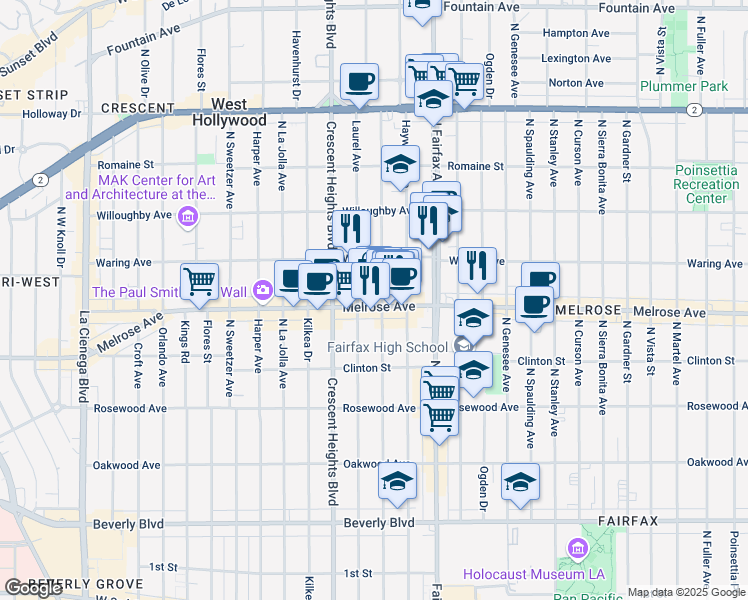 map of restaurants, bars, coffee shops, grocery stores, and more near 720 North Edinburgh Avenue in Los Angeles