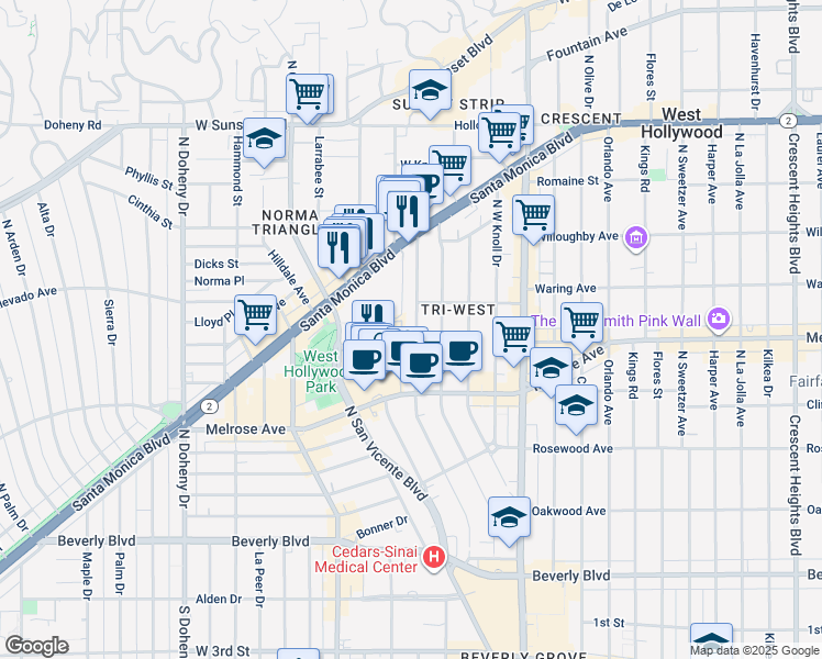 map of restaurants, bars, coffee shops, grocery stores, and more near 729 Huntley Drive in West Hollywood