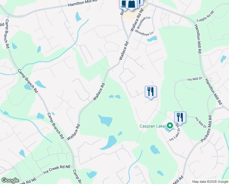 map of restaurants, bars, coffee shops, grocery stores, and more near 3110 Victoria Park Drive Northeast in Buford