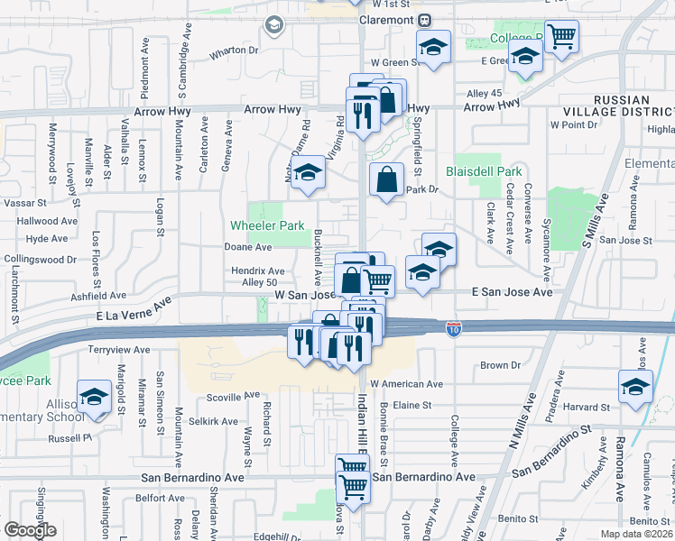 map of restaurants, bars, coffee shops, grocery stores, and more near 615 South Indian Hill Boulevard in Claremont