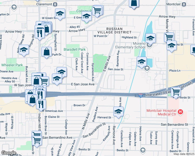 map of restaurants, bars, coffee shops, grocery stores, and more near 680 Sycamore Avenue in Claremont