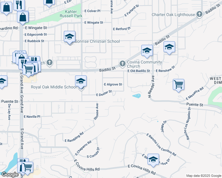 map of restaurants, bars, coffee shops, grocery stores, and more near 1500 East Algrove Street in Covina