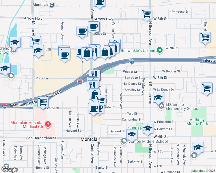 map of restaurants, bars, coffee shops, grocery stores, and more near 9363 Exeter Avenue in Montclair