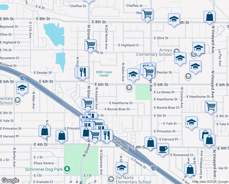 map of restaurants, bars, coffee shops, grocery stores, and more near 1433 North El Dorado Avenue in Ontario