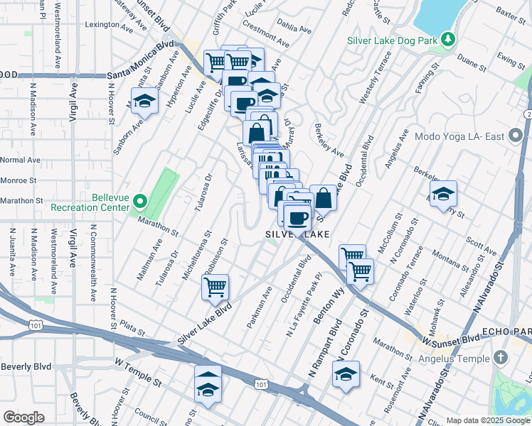 map of restaurants, bars, coffee shops, grocery stores, and more near 3248 Descanso Drive in Los Angeles