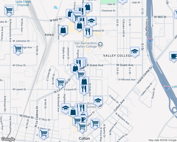 map of restaurants, bars, coffee shops, grocery stores, and more near 1475 North Holly Avenue in Colton