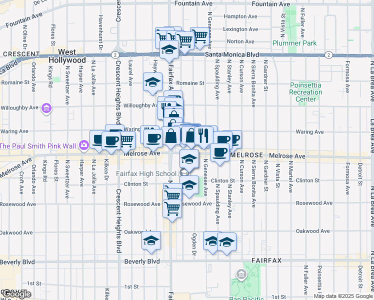 map of restaurants, bars, coffee shops, grocery stores, and more near 720 North Orange Grove Avenue in West Hollywood