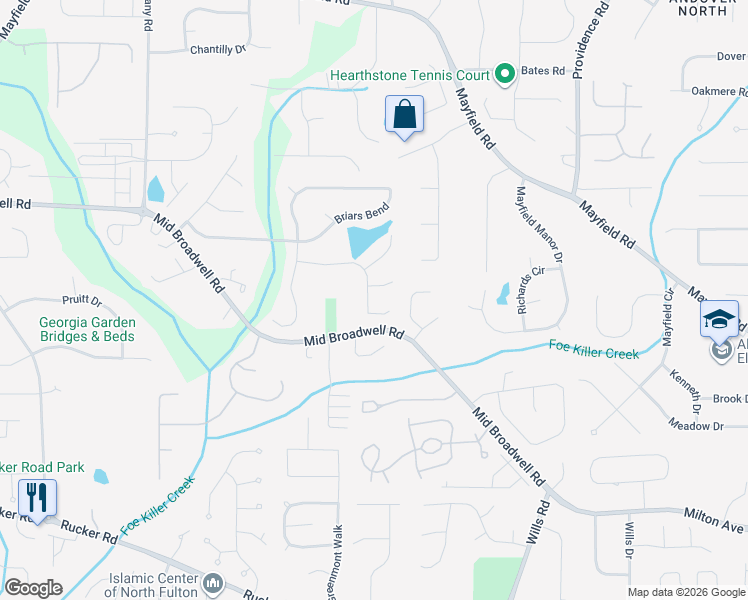 map of restaurants, bars, coffee shops, grocery stores, and more near 1610 Briers Chute in Alpharetta