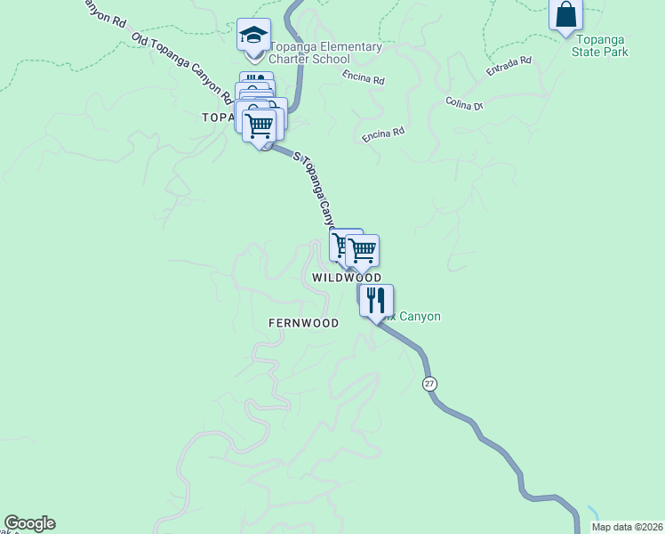 map of restaurants, bars, coffee shops, grocery stores, and more near 19508 Lookout Trail in Los Angeles County