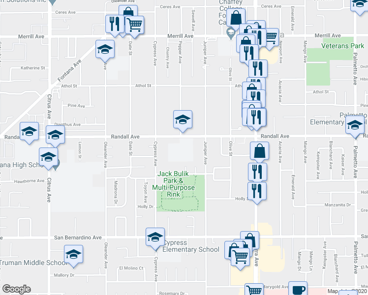 map of restaurants, bars, coffee shops, grocery stores, and more near 16613 Randall Avenue in Fontana