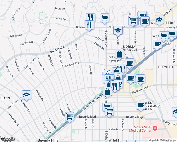 map of restaurants, bars, coffee shops, grocery stores, and more near 625 Sierra Drive in Beverly Hills