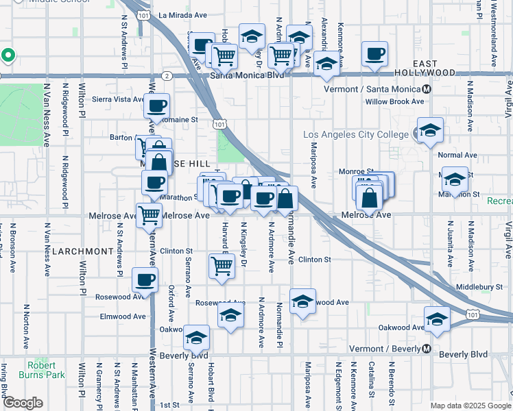 map of restaurants, bars, coffee shops, grocery stores, and more near 714 1/2 North Kingsley Drive in Los Angeles
