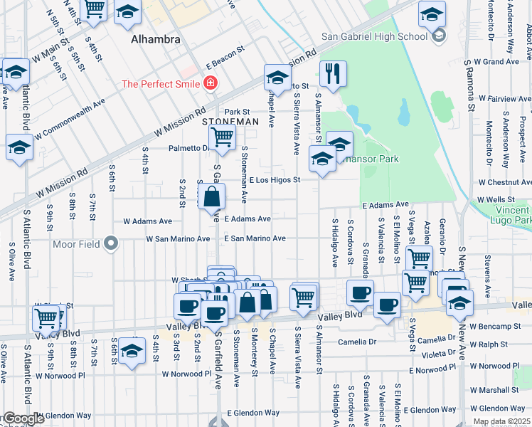 map of restaurants, bars, coffee shops, grocery stores, and more near 116 East Linda Vista Avenue in Alhambra
