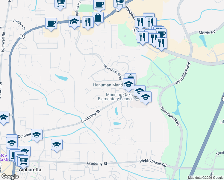 map of restaurants, bars, coffee shops, grocery stores, and more near 1530 Planters Ridge Lane in Alpharetta