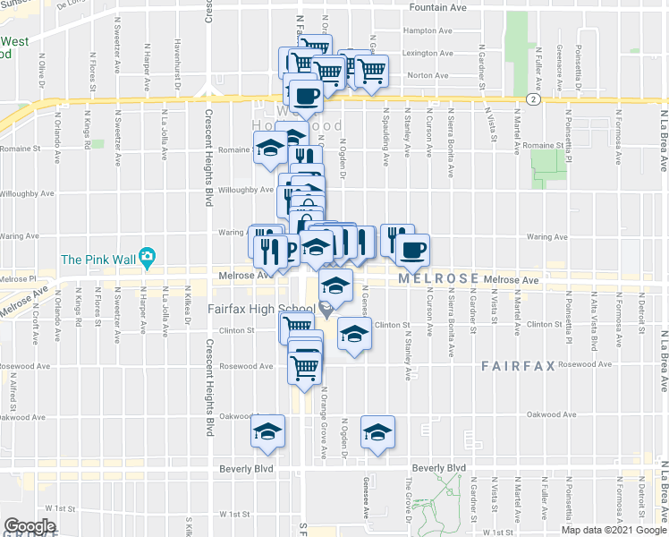 map of restaurants, bars, coffee shops, grocery stores, and more near 720 North Orange Grove Avenue in West Hollywood