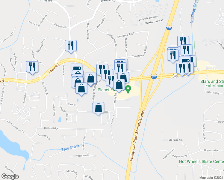 map of restaurants, bars, coffee shops, grocery stores, and more near 290 Molly Lane in Woodstock
