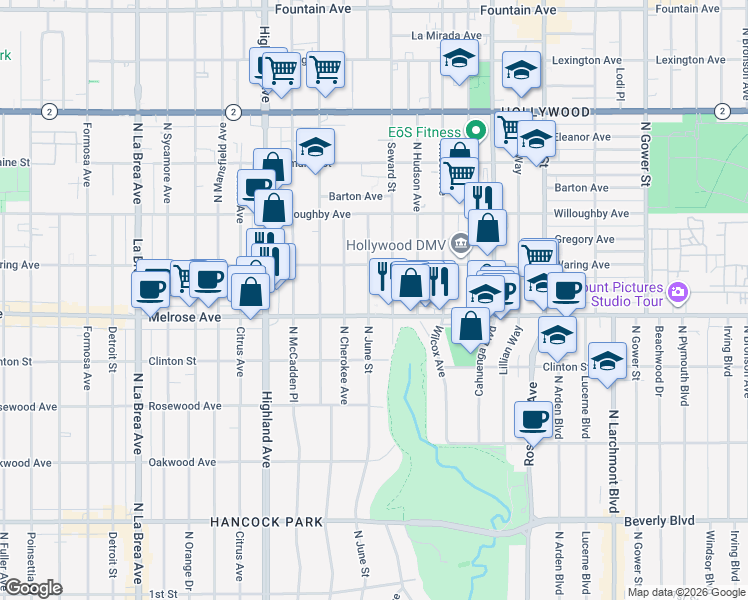 map of restaurants, bars, coffee shops, grocery stores, and more near 716 North June Street in Los Angeles