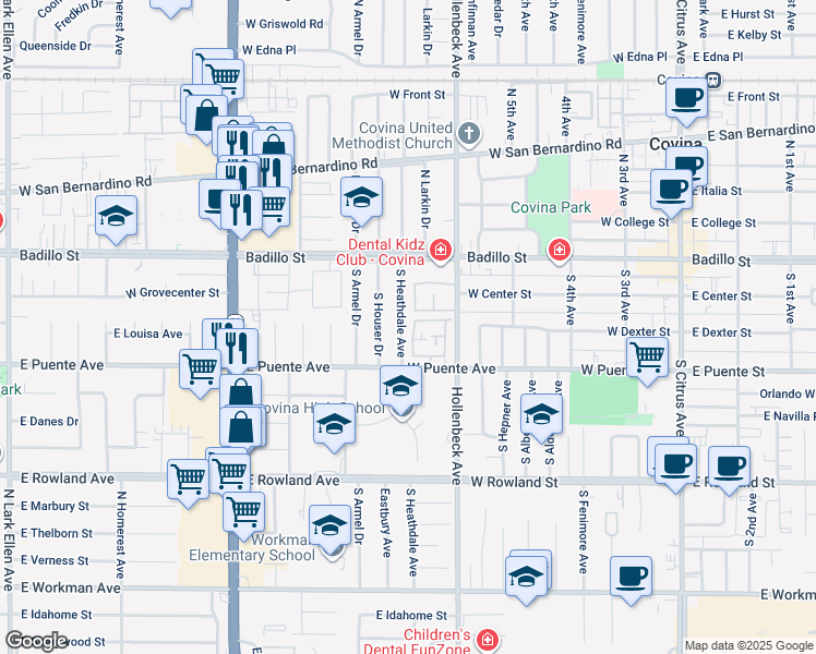 map of restaurants, bars, coffee shops, grocery stores, and more near 876 West Chester Road in Covina