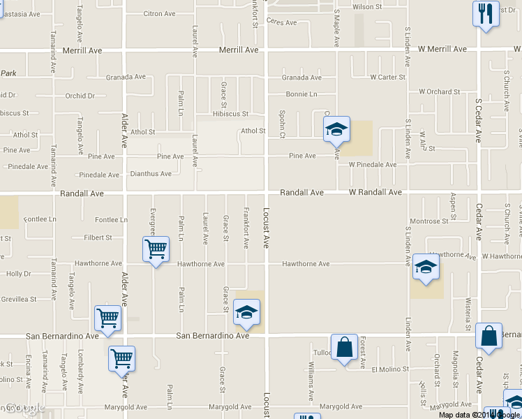 map of restaurants, bars, coffee shops, grocery stores, and more near 9348 Locust Ave in Fontana