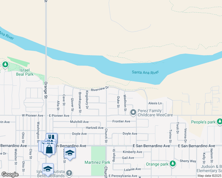 map of restaurants, bars, coffee shops, grocery stores, and more near 820 Riverview Drive in Redlands