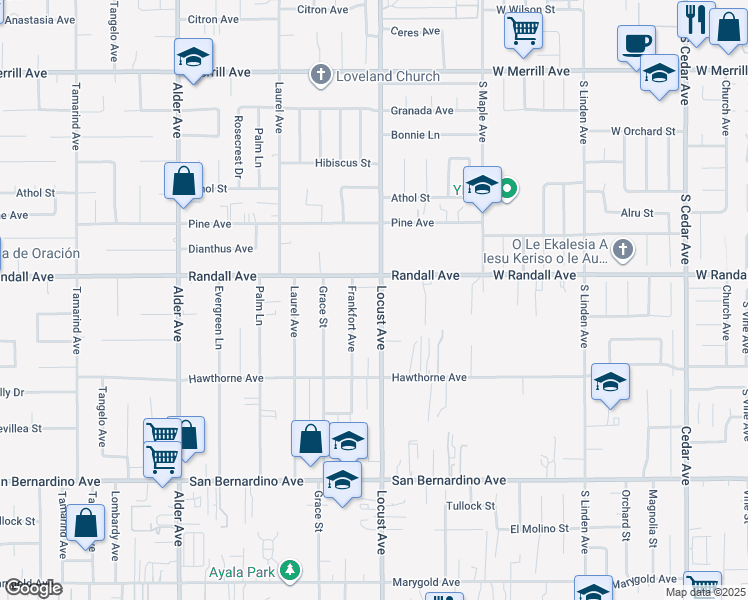 map of restaurants, bars, coffee shops, grocery stores, and more near 9348 Locust Avenue in Fontana