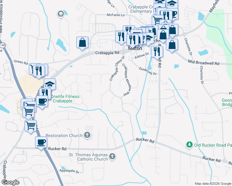 map of restaurants, bars, coffee shops, grocery stores, and more near 12425 Crabapple Chase Drive in Alpharetta