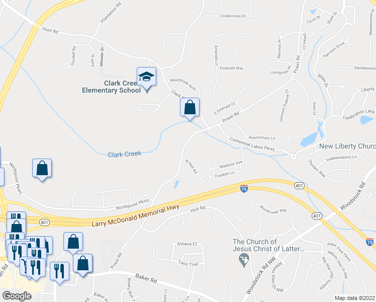 map of restaurants, bars, coffee shops, grocery stores, and more near 5379-5445 Priest Road in Acworth