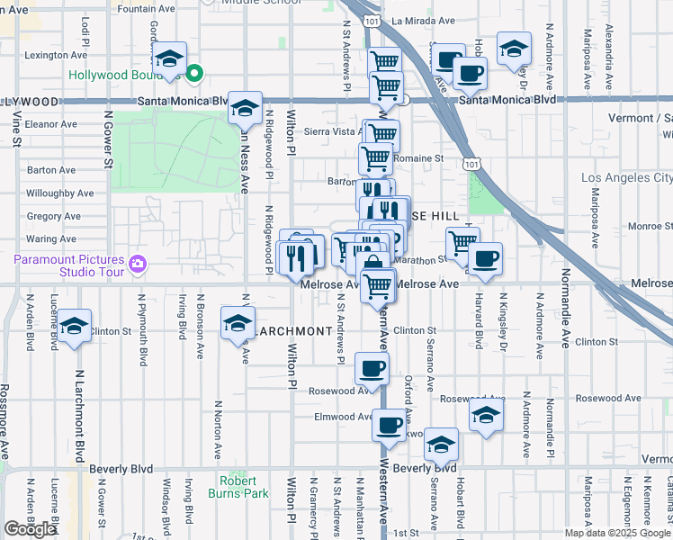 map of restaurants, bars, coffee shops, grocery stores, and more near 719 North Saint Andrews Place in Los Angeles