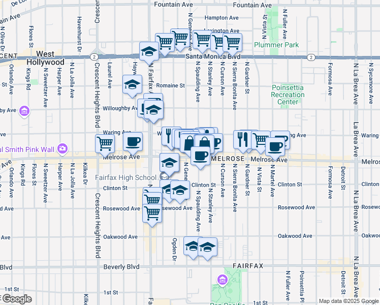 map of restaurants, bars, coffee shops, grocery stores, and more near 725 North Spaulding Avenue in West Hollywood