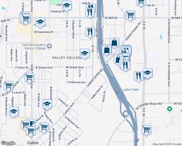 map of restaurants, bars, coffee shops, grocery stores, and more near 812 South I Street in San Bernardino