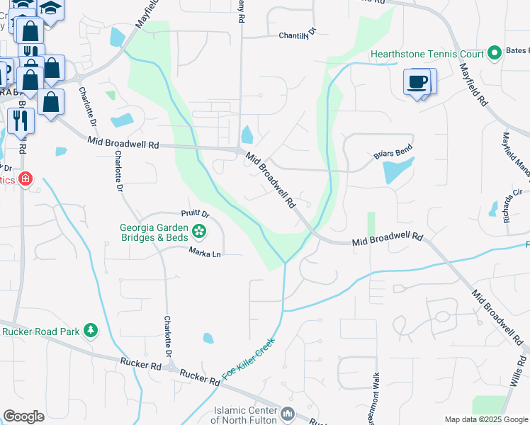 map of restaurants, bars, coffee shops, grocery stores, and more near 1275 Mid Broadwell Road in Alpharetta