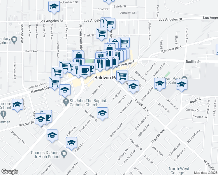 map of restaurants, bars, coffee shops, grocery stores, and more near 3952 3/4 Maine Avenue in Baldwin Park