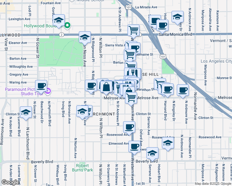 map of restaurants, bars, coffee shops, grocery stores, and more near 721 North Saint Andrews Place in Los Angeles