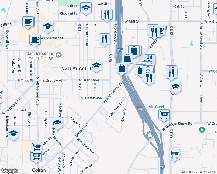 map of restaurants, bars, coffee shops, grocery stores, and more near 812 South I Street in San Bernardino