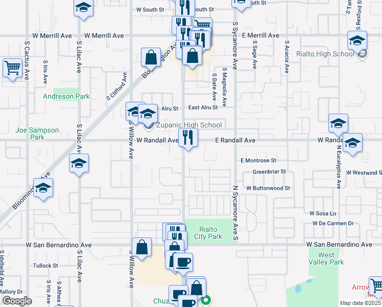 map of restaurants, bars, coffee shops, grocery stores, and more near 925 South Riverside Avenue in Rialto