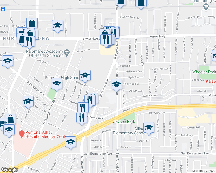 map of restaurants, bars, coffee shops, grocery stores, and more near 2288 North Towne Avenue in Pomona