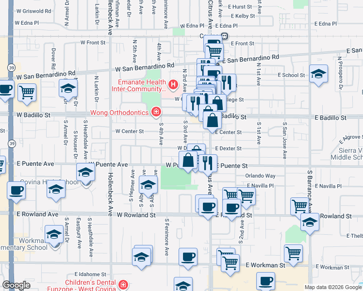 map of restaurants, bars, coffee shops, grocery stores, and more near 223 South 3rd Avenue in Covina