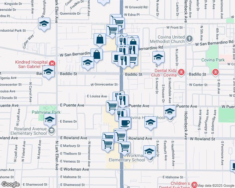 map of restaurants, bars, coffee shops, grocery stores, and more near 742 North Myrtlewood Avenue in West Covina