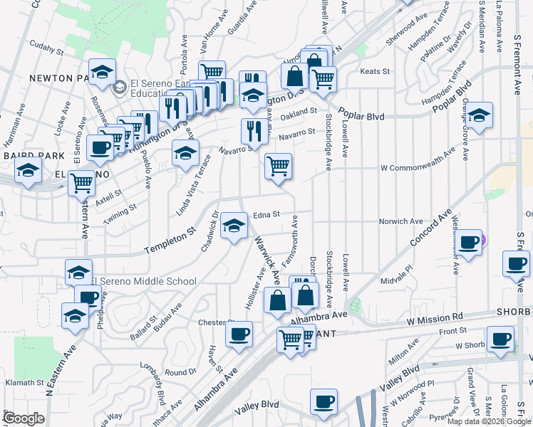 map of restaurants, bars, coffee shops, grocery stores, and more near 5339 Edna Street in Los Angeles