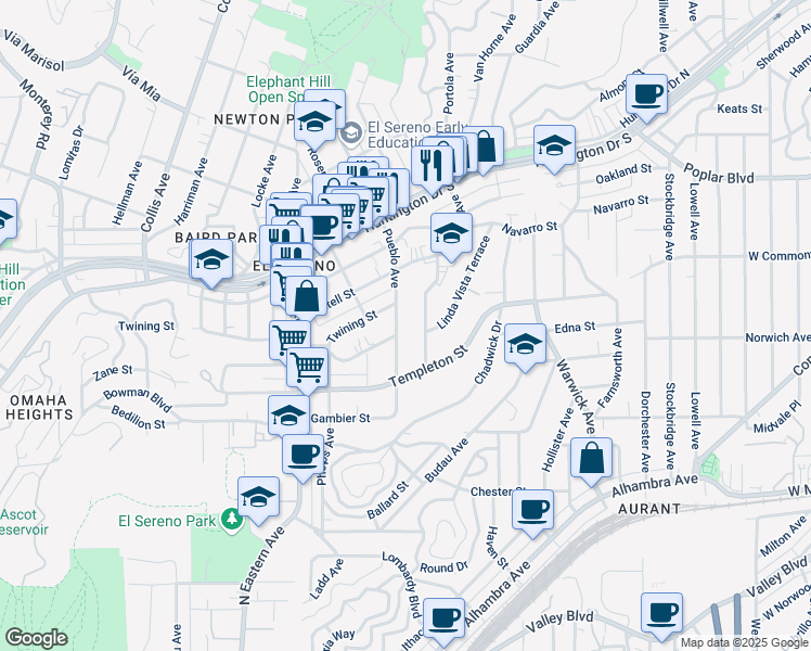 map of restaurants, bars, coffee shops, grocery stores, and more near 4986 Twining Street in Los Angeles