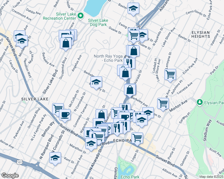 map of restaurants, bars, coffee shops, grocery stores, and more near 2320 Berkeley Avenue in Los Angeles