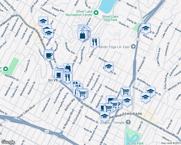 map of restaurants, bars, coffee shops, grocery stores, and more near 1446 North Benton Way in Los Angeles