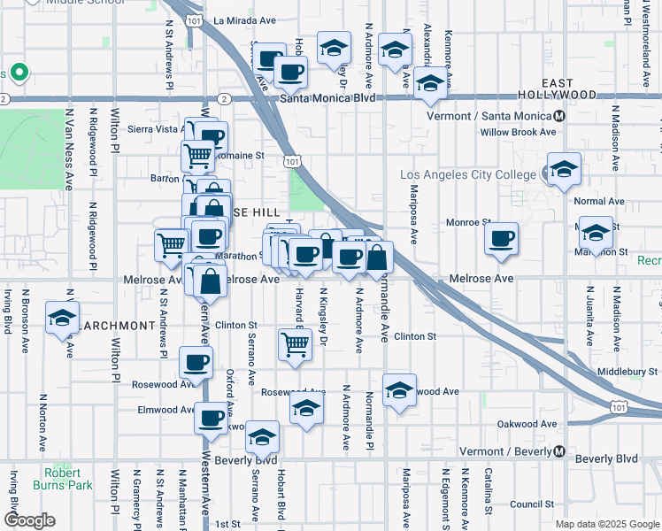 map of restaurants, bars, coffee shops, grocery stores, and more near 732 North Harvard Boulevard in Los Angeles