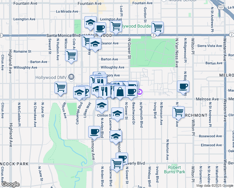 map of restaurants, bars, coffee shops, grocery stores, and more near 5801 Camerford Avenue in Los Angeles