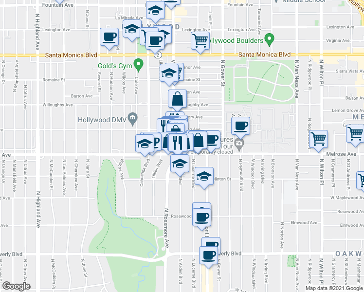 map of restaurants, bars, coffee shops, grocery stores, and more near 5843 Camerford Avenue in Los Angeles