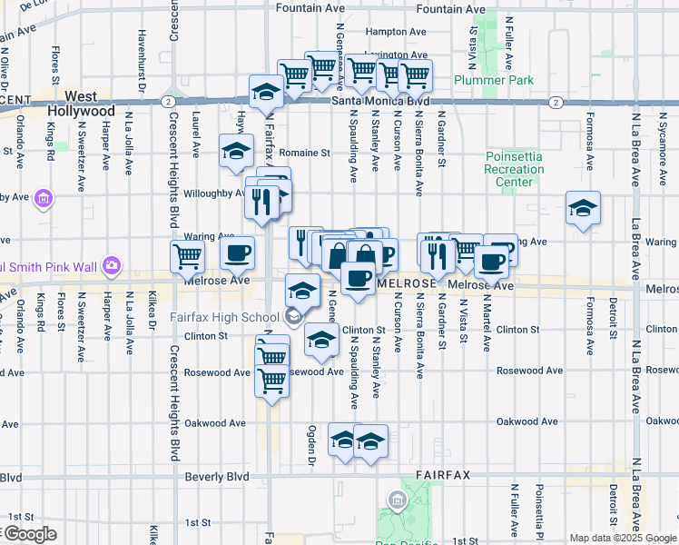map of restaurants, bars, coffee shops, grocery stores, and more near 7729 Melrose Avenue in Los Angeles