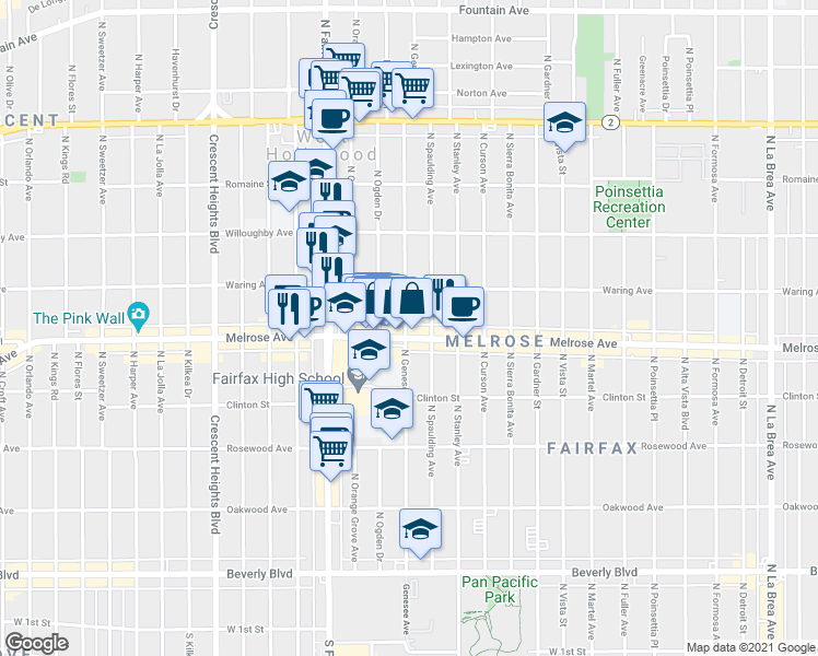map of restaurants, bars, coffee shops, grocery stores, and more near 720 North Ogden Drive in Los Angeles