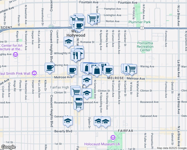 map of restaurants, bars, coffee shops, grocery stores, and more near 720 North Ogden Drive in Los Angeles