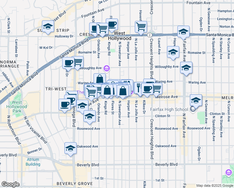 map of restaurants, bars, coffee shops, grocery stores, and more near 740 North Kings Road in Los Angeles